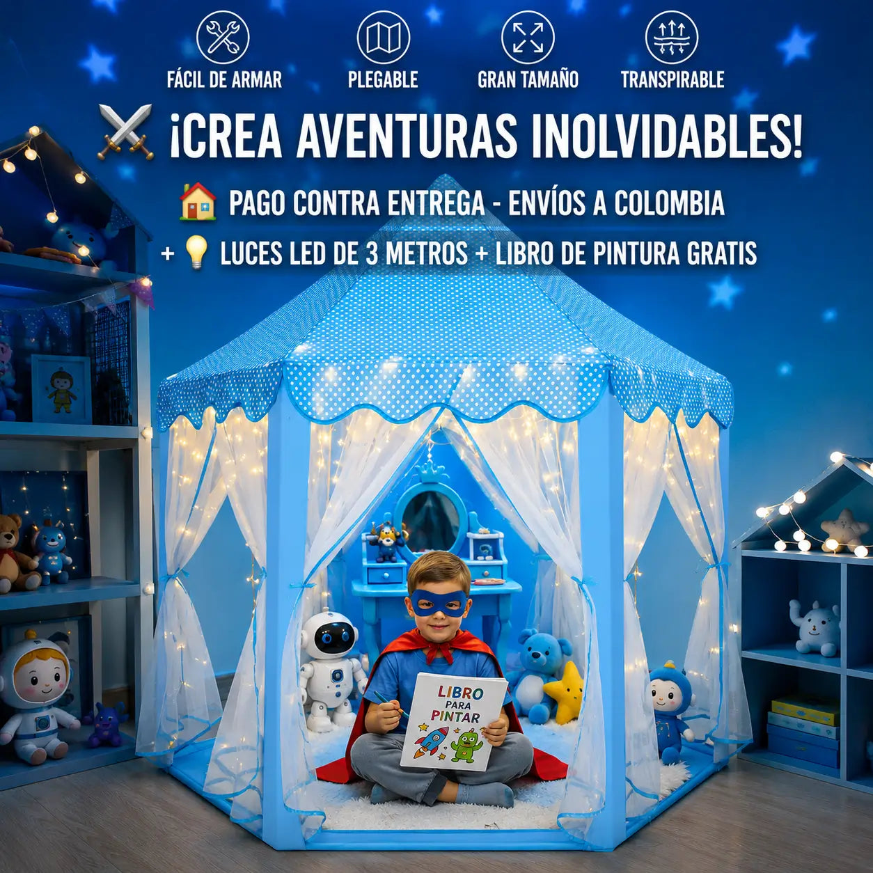 CASA CASTILLO INFANTIL + LUCES + LIBRO DE PINTURA